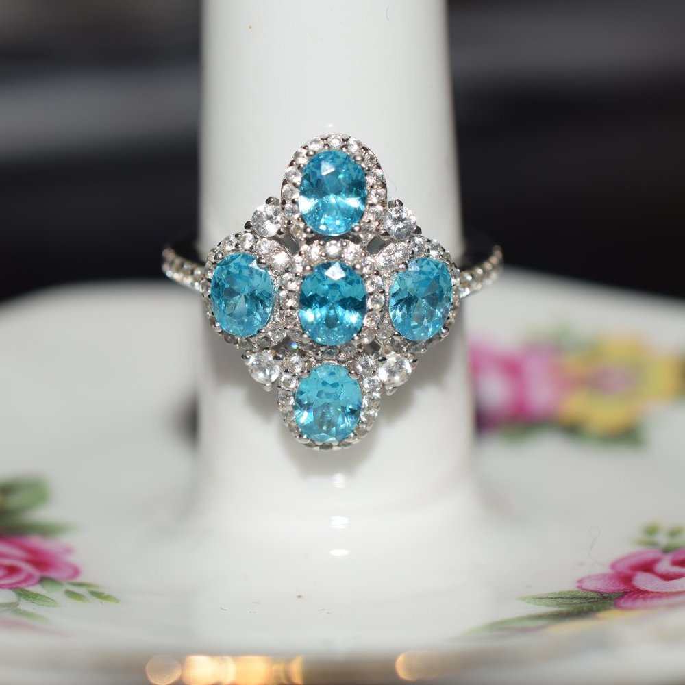 NIB Sterling Silver Blue & White Tourmaline Ring Size 7